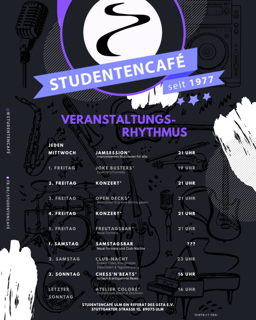 Studentencafe Veranstaltungsrhythmus:
Jeden Mittwoch 21 Uhr: Jamsession - Improvisiertes Musizieren für alle. 
1. Freitag 19 Uhr: Joke Busters - Open Mic / Comedy.
2. Freitag 21 Uhr: Konzert.
3. Freitag 21 Uhr: Open Decks - Newcomer DJs eine Bühne geben.
4. Freitag 21 Uhr: Konzert.
5. Freitag 21 Uhr: Freutagsbar - Neue Formate.
1. Samstag, Uhrzeit variiert: Samstagsbar - Neue Formate und Club-Nächte.
2. Samstag 23 Uhr: Club-Nacht - Dream Disko, Klangsuppe, Elektrisiert, ...
3. Sonntag 16 Uhr: Chess'n'Beats - Schach und entspannte Beats.
Letzter Sonntag 16 Uhr: Atelier Coloré - Kostenloses Malen & Zeichnen.
Eintritt frei bei allen Veranstaltungen außer samstags